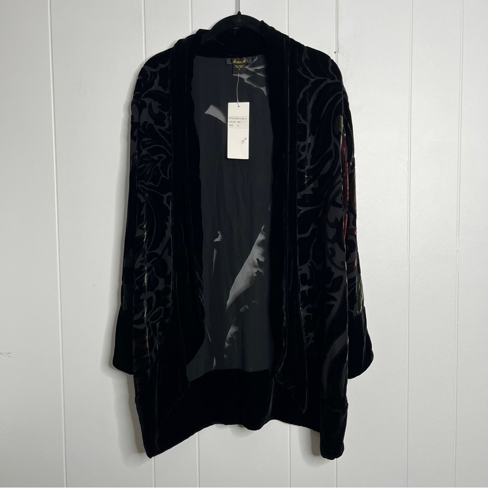 Aris A. Burnout Velvet Floral Open Jacket Black Dark Romantic Women's S NWT